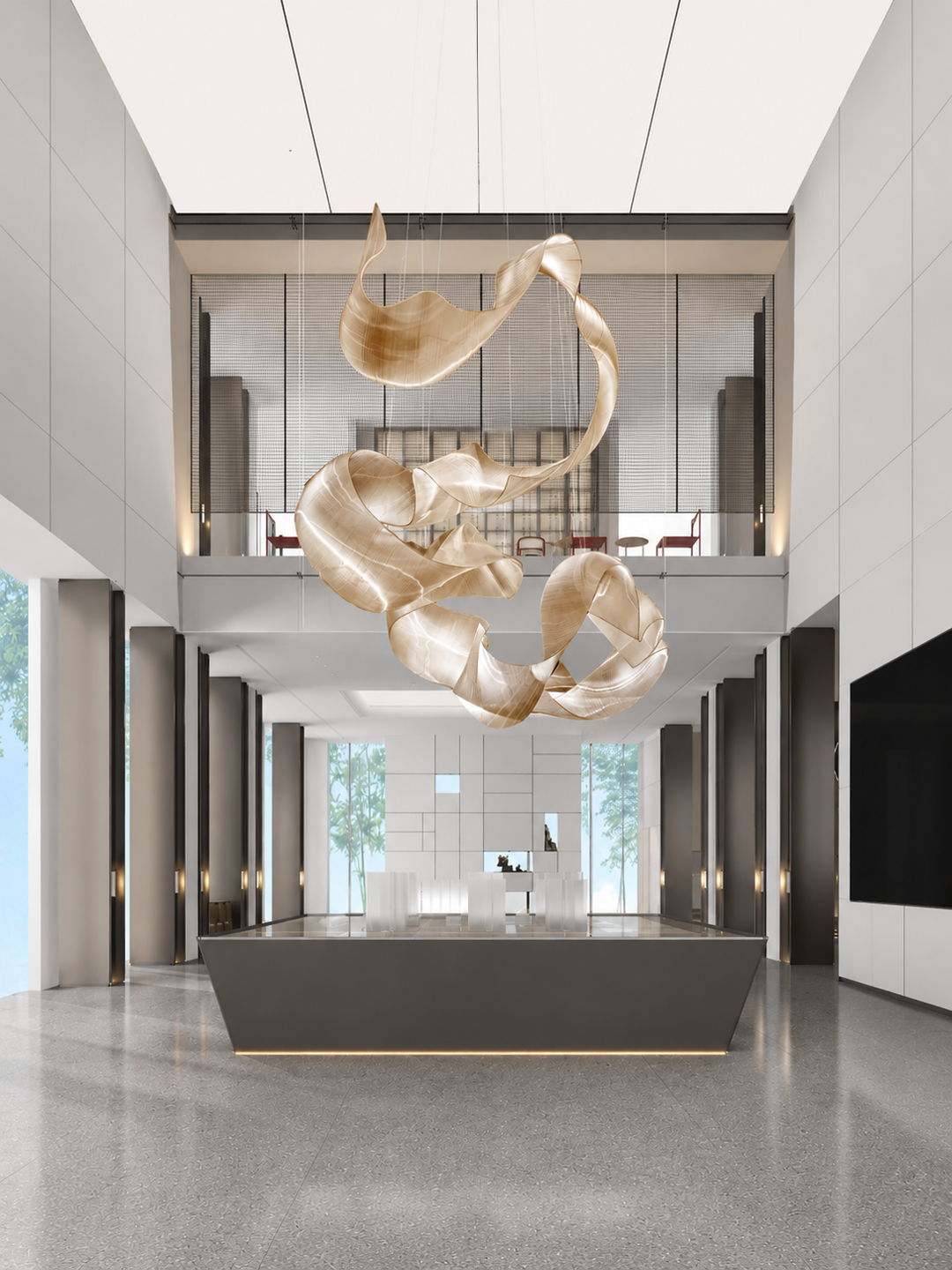Fluid ribbon-form hand-blown glass sculptural chandelier suspended in a double-height commercial lobby above a reception desk with floor-to-ceiling glazing, Ribbon Bespoke Lighting by Lucretia