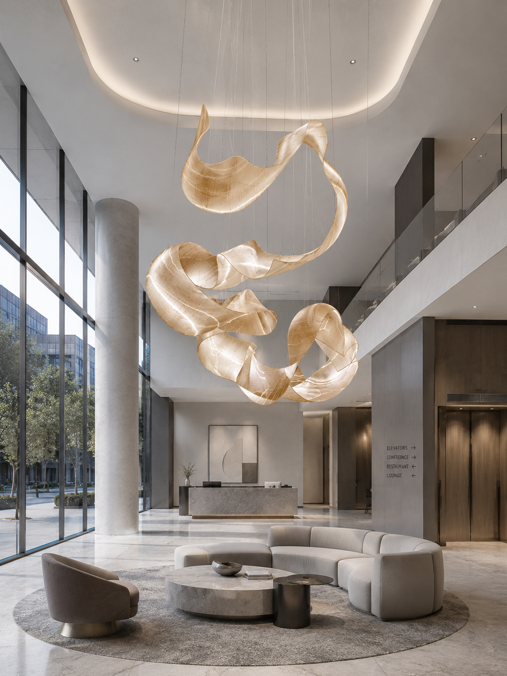 Fluid ribbon-form hand-blown glass sculptural chandelier in a bright luxury hotel lobby with circular lounge seating, marble flooring and floor-to-ceiling glazing, Ribbon Bespoke Lighting by Lucretia