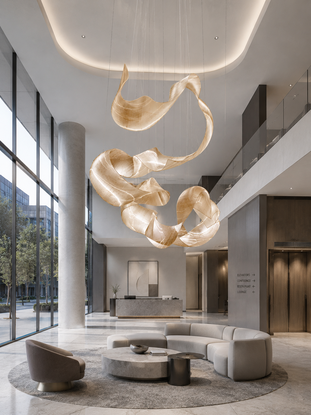 Fluid ribbon-form hand-blown glass sculptural chandelier in a bright luxury hotel lobby with circular lounge seating, marble flooring and floor-to-ceiling glazing, Ribbon Bespoke Lighting by Lucretia