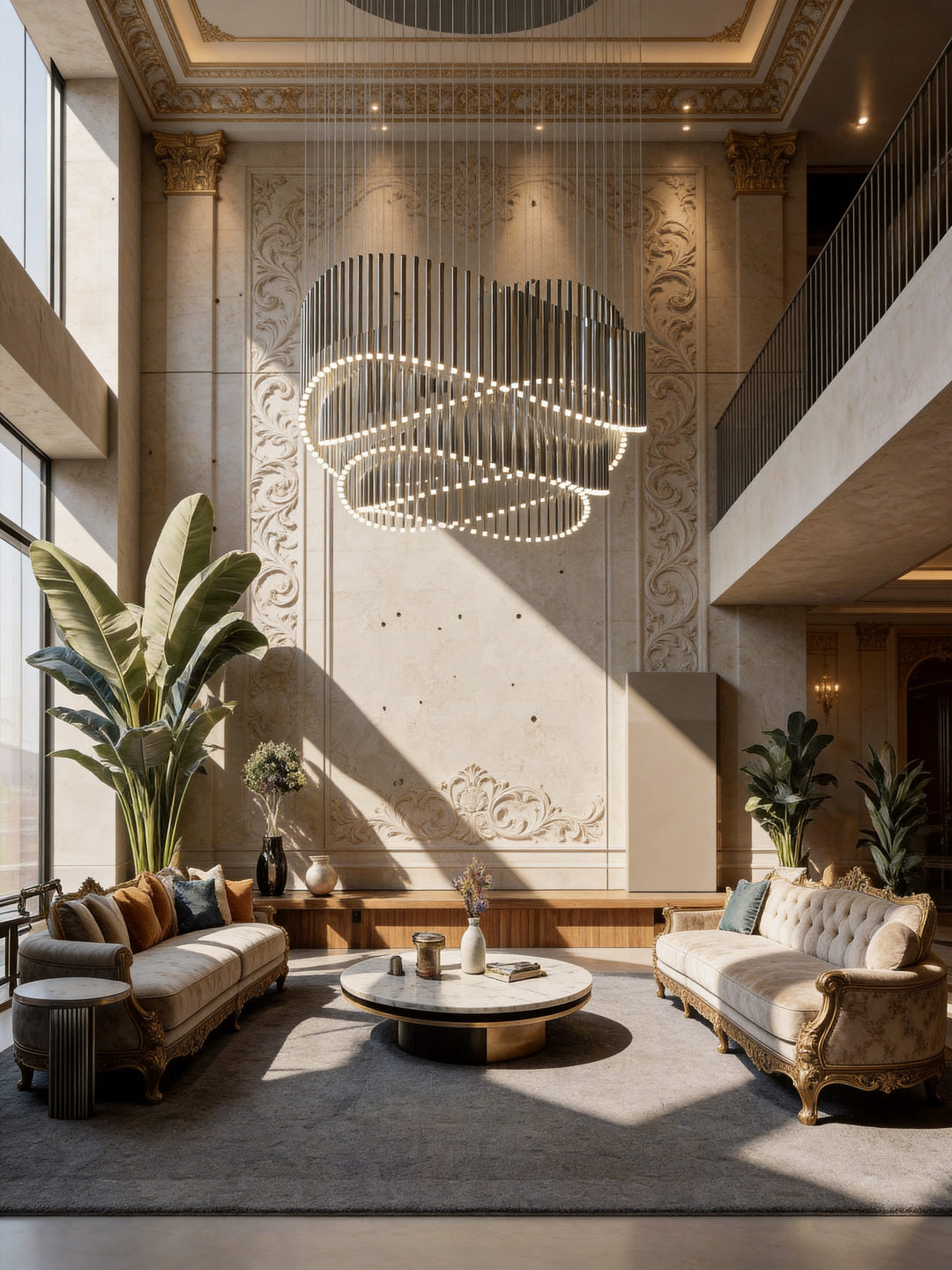 Fluxa Bespoke Pendant Light in luxury hotel lobby with custom suspended sculptural LED design