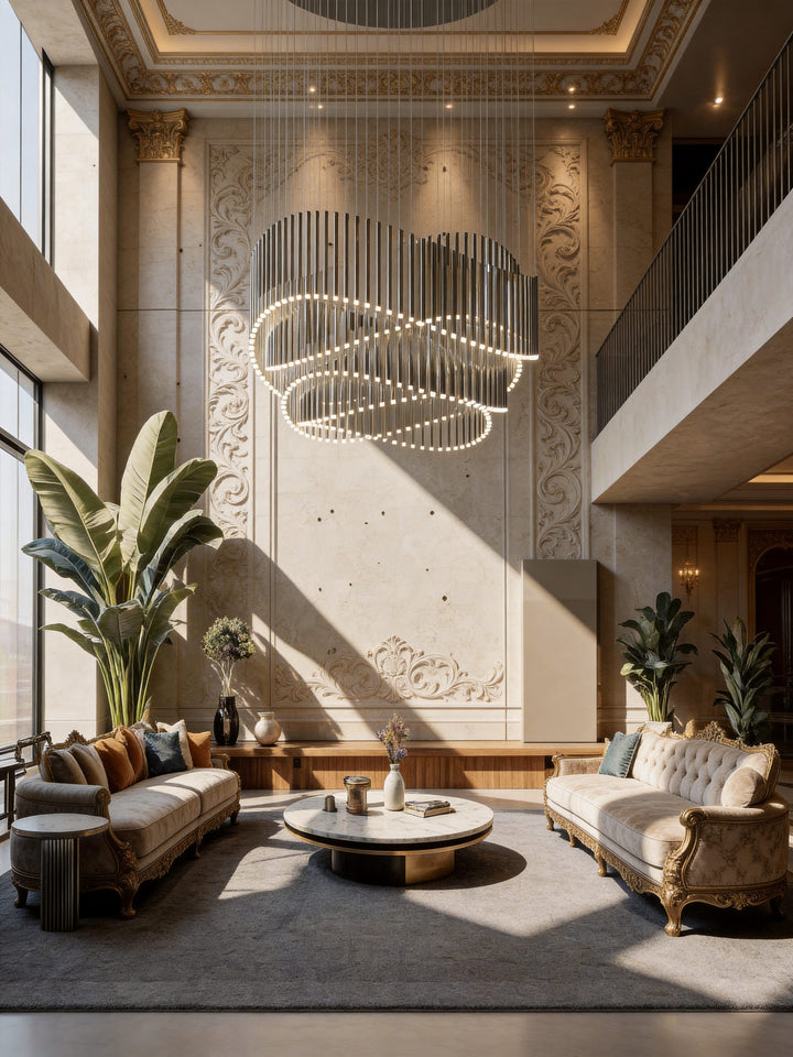 Fluxa Bespoke Pendant Light in luxury hotel lobby with custom suspended sculptural LED design