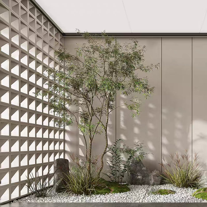 Foam ceramic components used as architectural screen blocks in an outdoor garden wall design