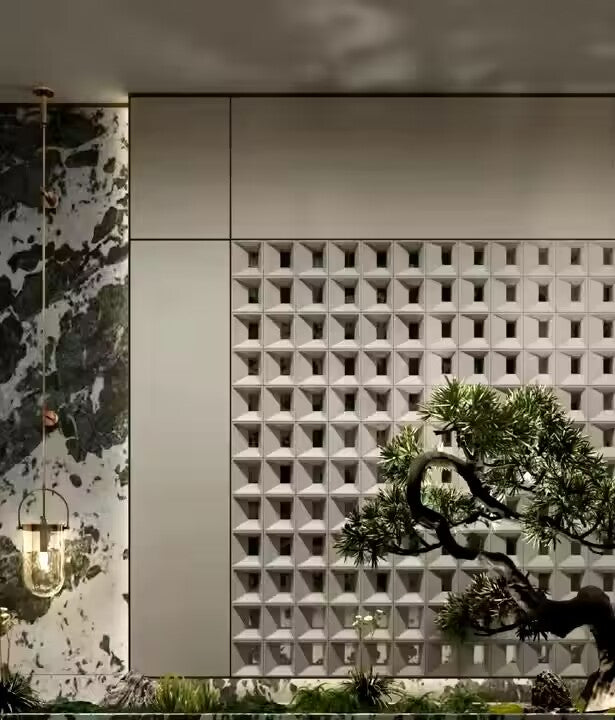 Exterior feature wall built with foam ceramic components for architectural screening