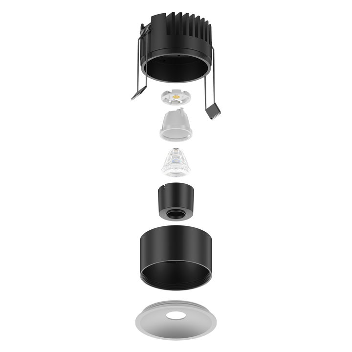 Exploded view of the Lucretia FOCUS Series showcasing the proprietary FOCUS Deep Aperture System™ with precision optical components and modular construction.