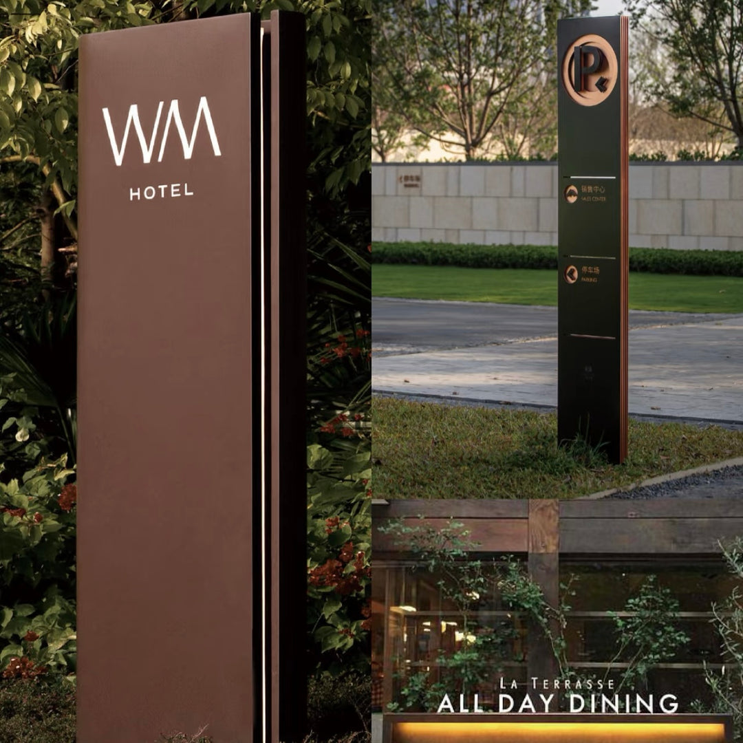 Freestanding wayfinding sign with LED illumination at hotel entrance for outdoor navigation and branding
