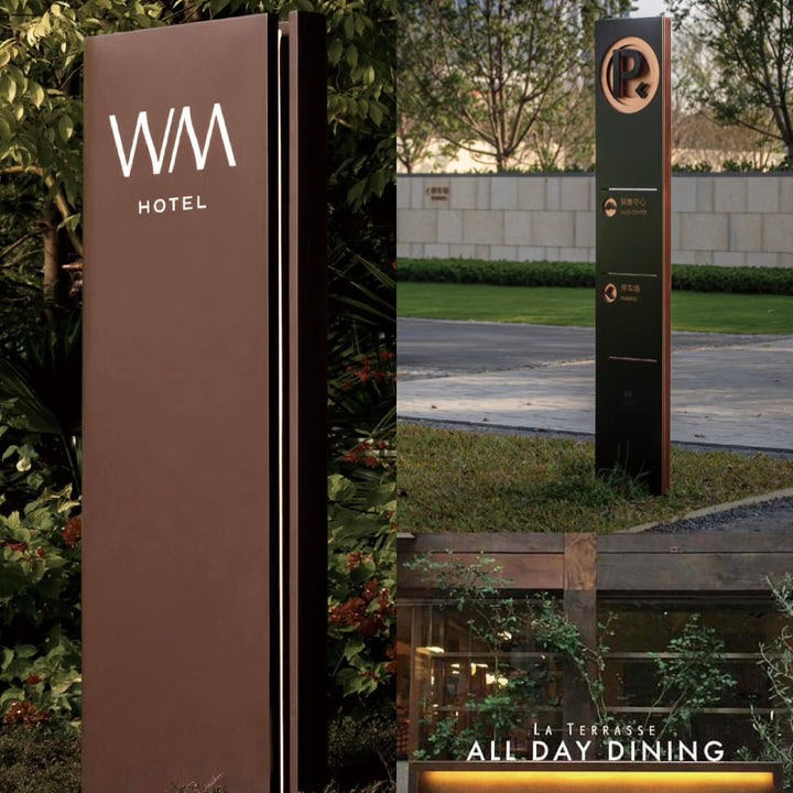 Freestanding wayfinding sign with LED illumination at hotel entrance for outdoor navigation and branding
