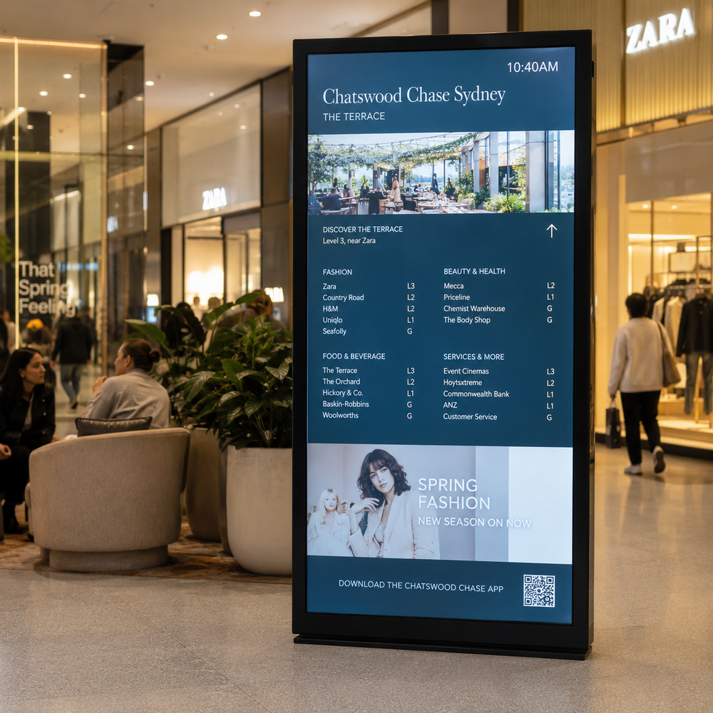 Full Screen LCD Digital Poster Display installed in an Australian shopping centre, displaying directory information, retail promotions and visitor guidance content.
