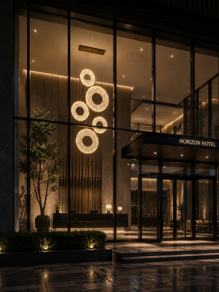 Galactic Halo Pendant Light cluster of illuminated crystal rings seen through a hotel glass facade at night from the street