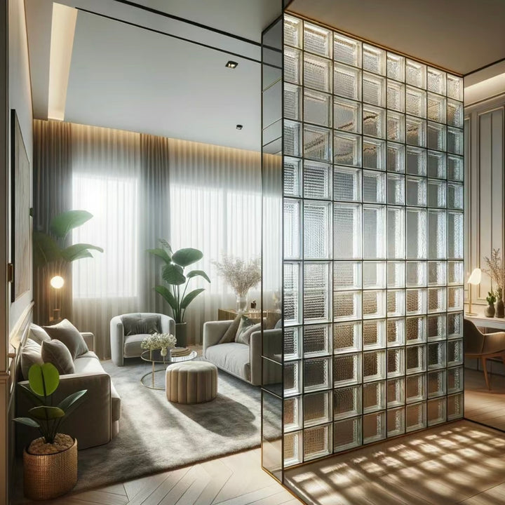 Glass block wall divider in living room using Square Crystal Brick
