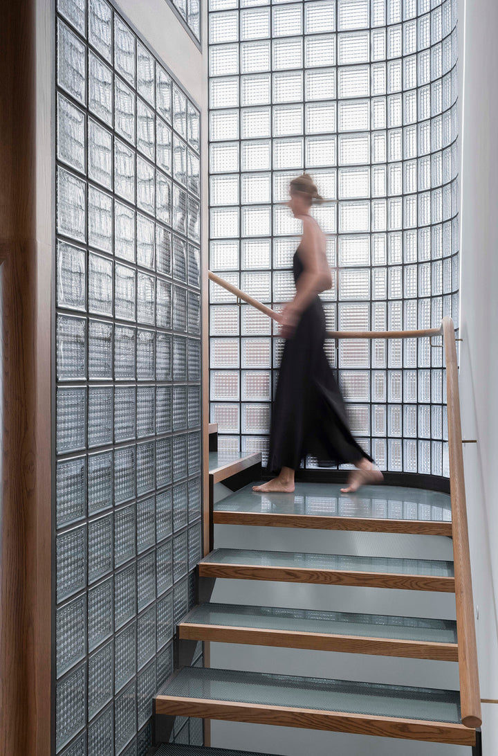 Glass block partition wall using Square Crystal Brick beside staircase