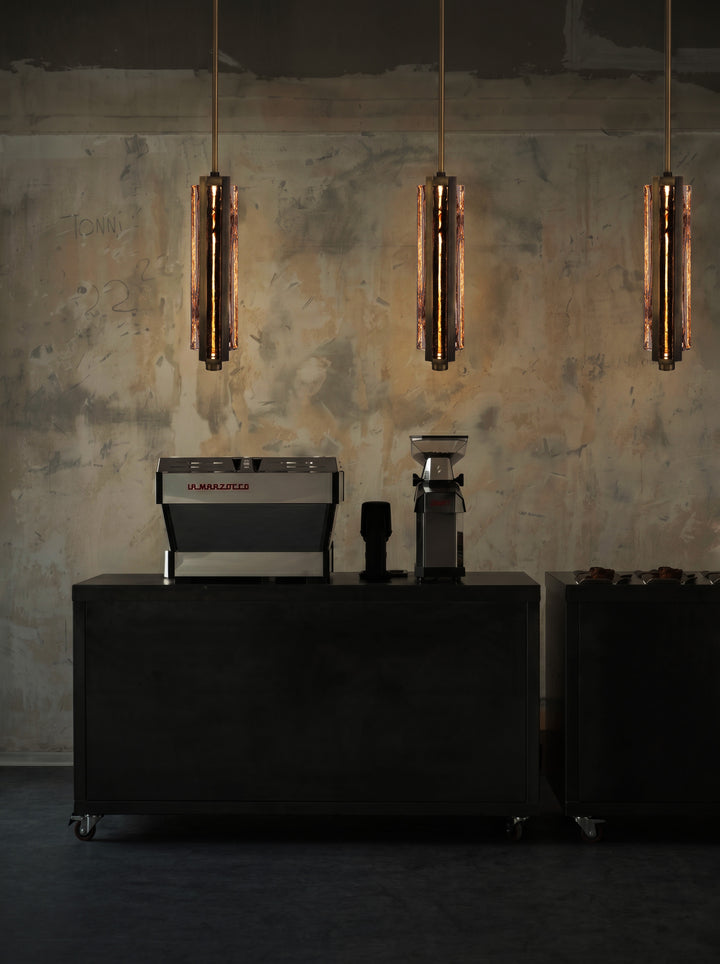 Cluster of hand-blown glass pendant lights, Running Water trio design for feature and ambient lighting