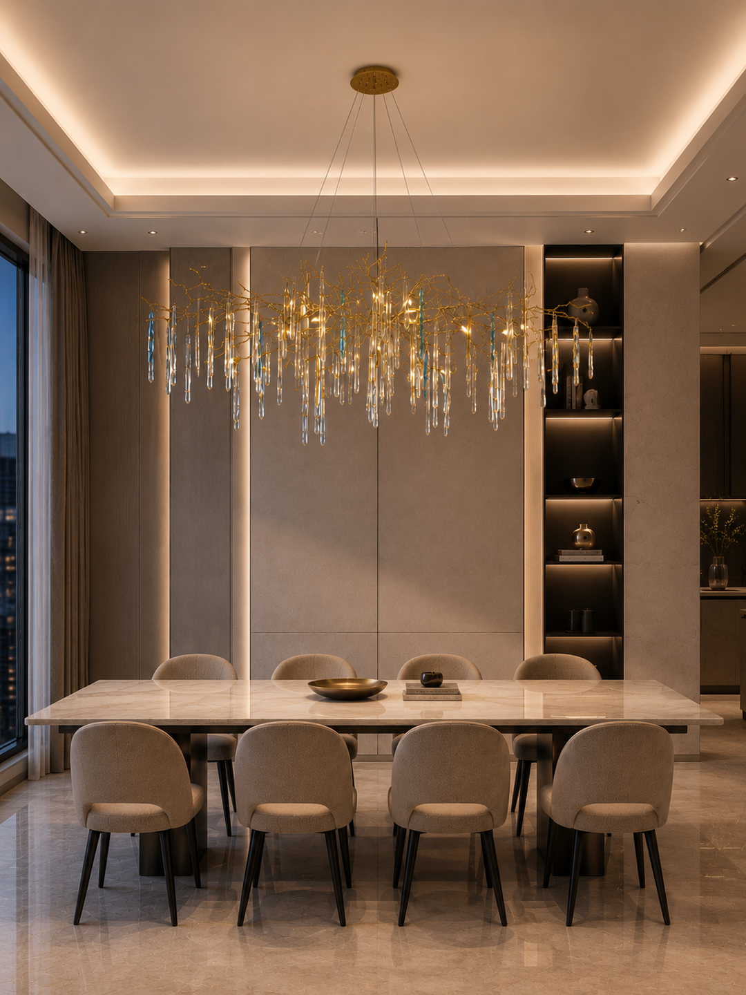 Glazed Icicle Brass Chandelier of brass branches and glass icicle drops above a marble dining table in a high-end residential dining room