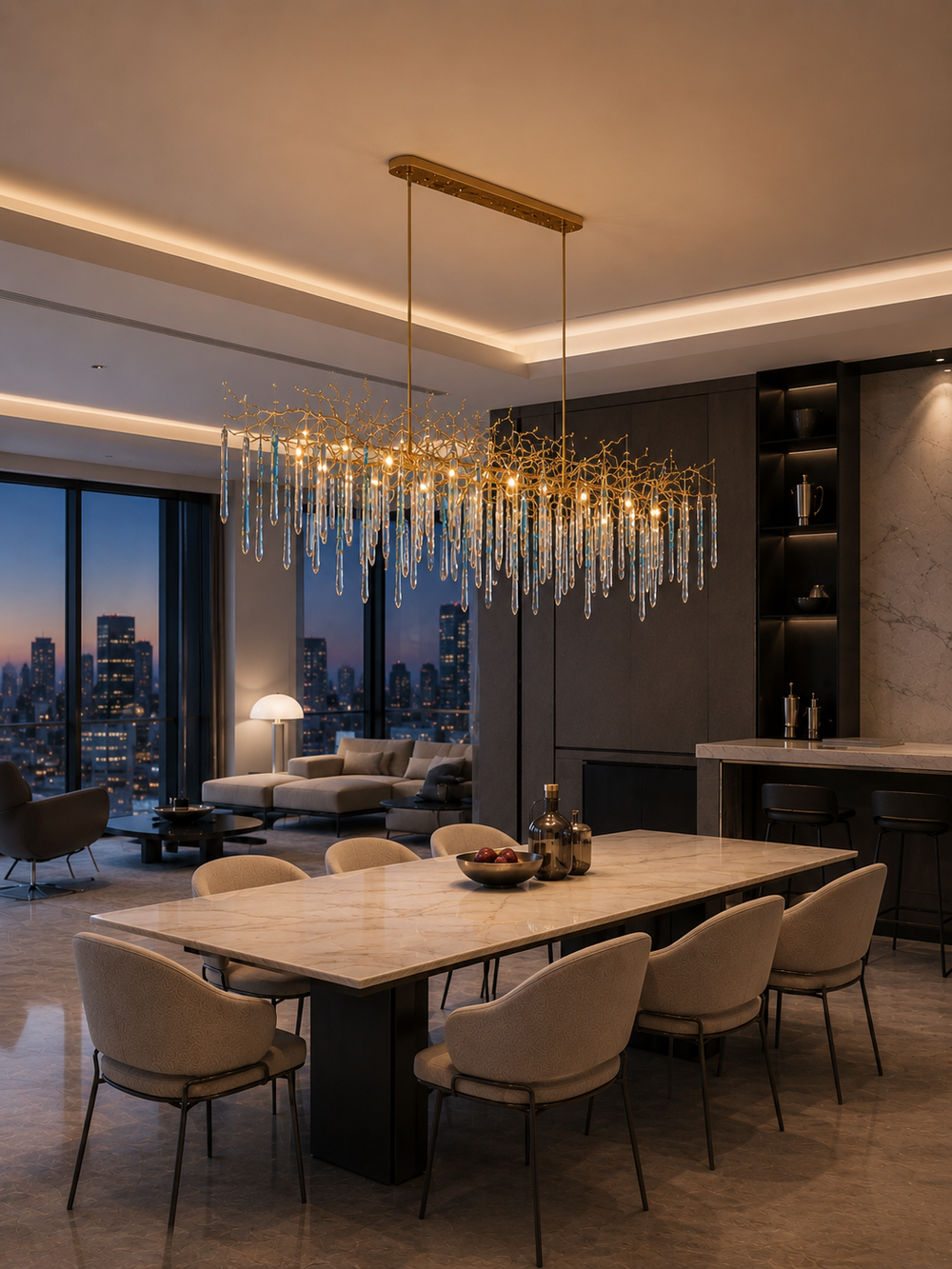 Glazed Icicle Brass Chandelier with glass icicle drops on a brass branch frame above a marble dining table in a penthouse at dusk