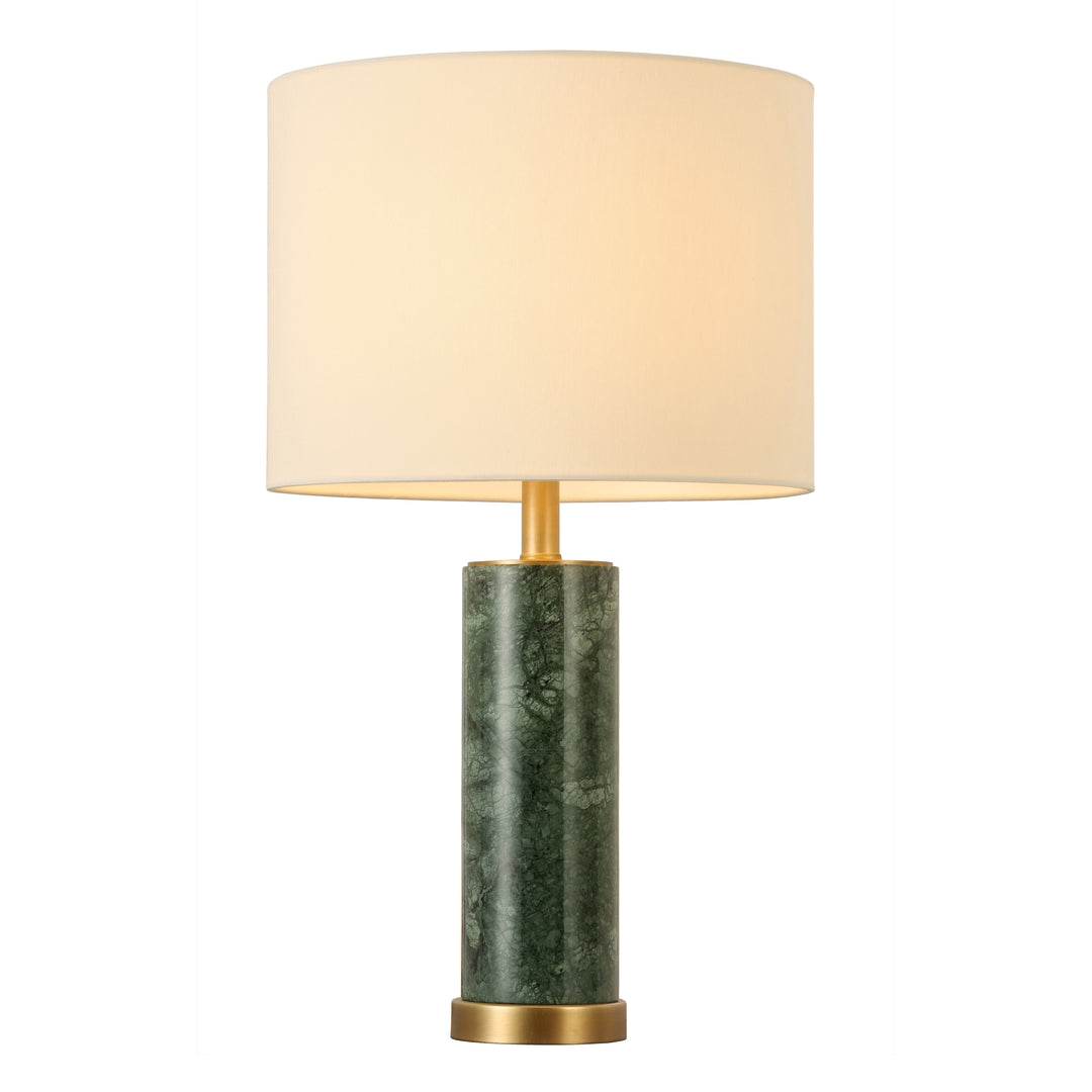 Green marble table lamp with brass accents and a soft fabric shade, offering warm ambient lighting for bedrooms and living rooms.