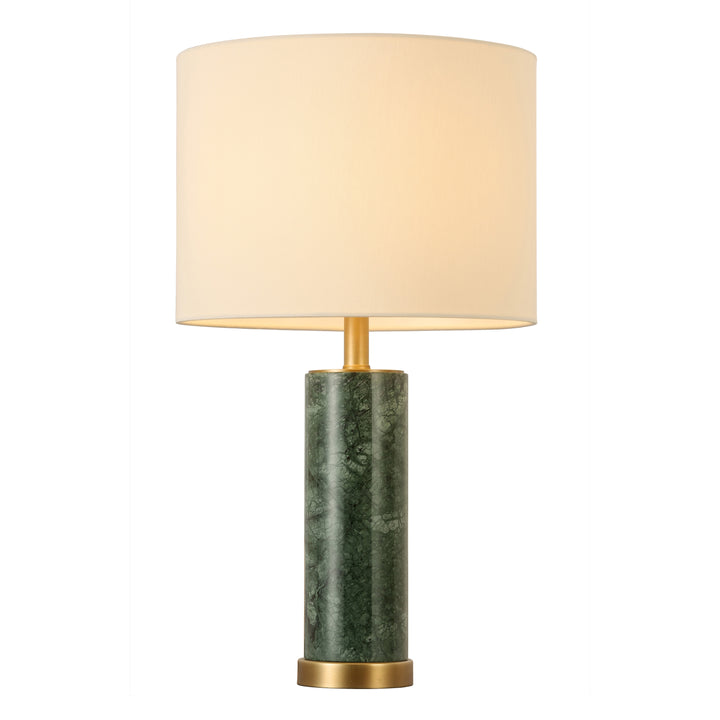 Green marble table lamp with brass accents and a soft fabric shade, offering warm ambient lighting for bedrooms and living rooms.