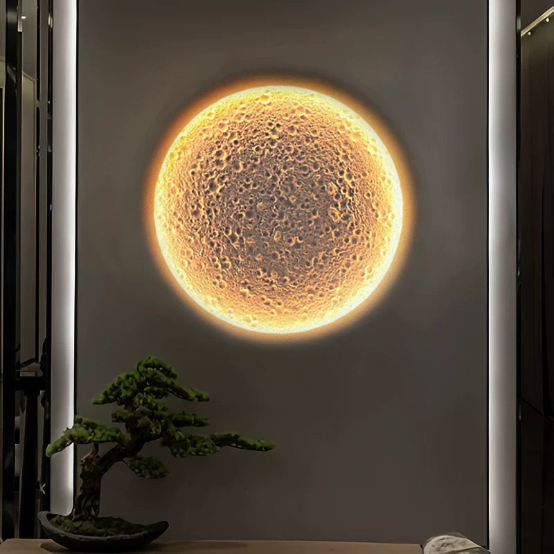 round gypsum LED wall light creating warm ambient interior lighting in a contemporary living room