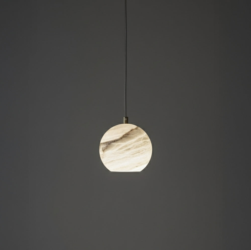 Close-up of Half Moon Spanish alabaster pendant light showing natural stone veining