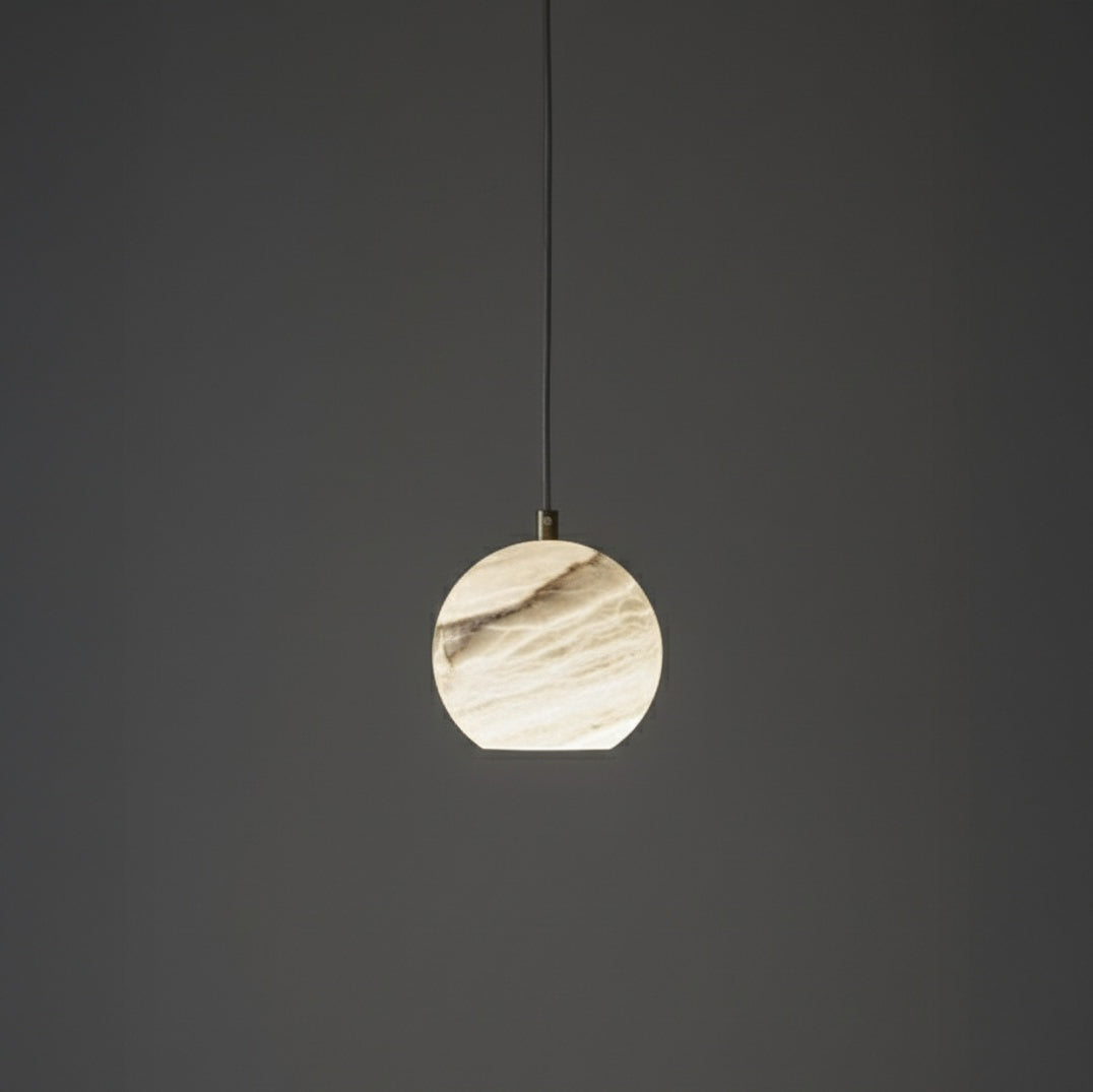 Close-up of Half Moon Spanish alabaster pendant light showing natural stone veining