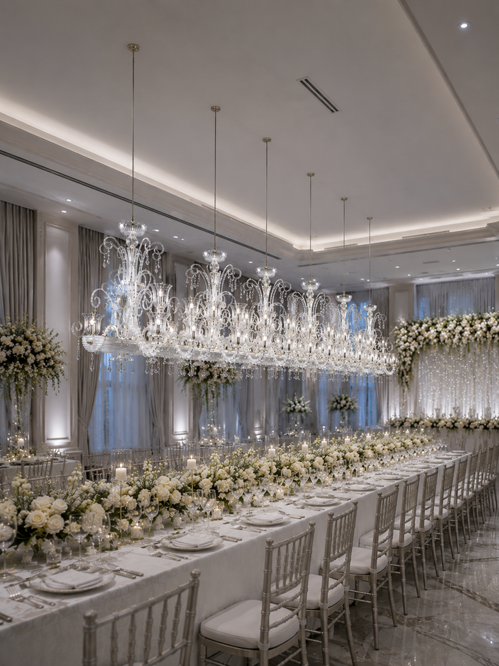 Hand-blown glass and Asfour crystal linear chandelier in a luxury hotel wedding reception with white floral wall, long bridal table and marble flooring, angled view, Fleur de Lumière Royale Dining Chandelier by Lucretia