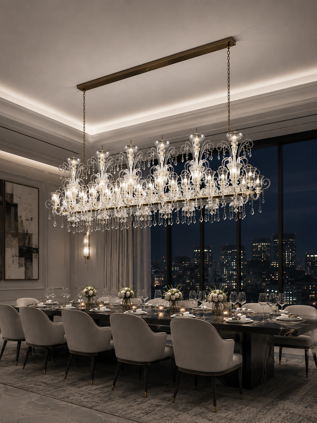 Hand-blown glass and Asfour crystal linear chandelier above a luxury residential dining table with dark marble surface and city night view, Fleur de Lumière Royale Dining Chandelier by Lucretia
