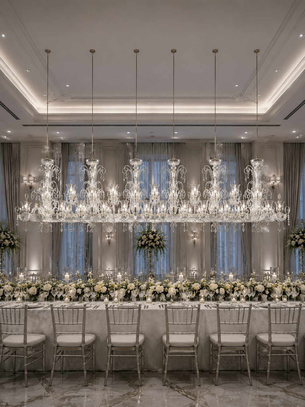 Hand-blown glass and Asfour crystal linear chandelier above a luxury wedding ballroom long table with white floral arrangements and drape backdrop, Fleur de Lumière Royale Dining Chandelier by Lucretia