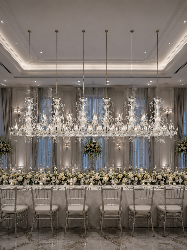 Hand-blown glass and Asfour crystal linear chandelier above a luxury wedding ballroom long table with white floral arrangements and drape backdrop, Fleur de Lumière Royale Dining Chandelier by Lucretia