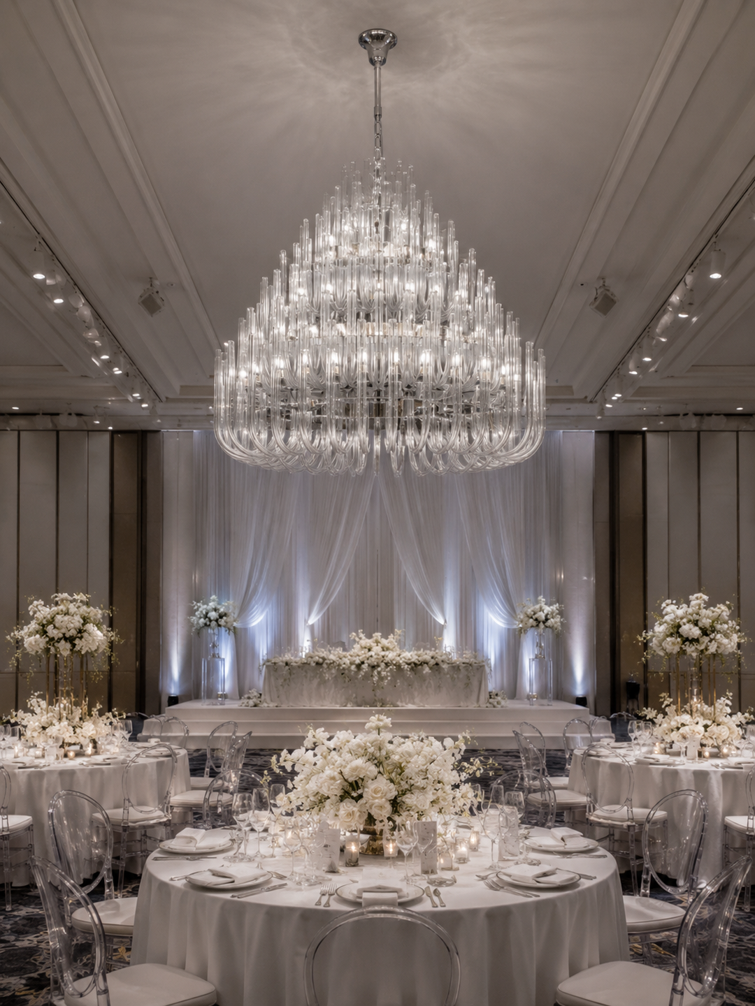 Hand-blown glass tube chandelier as a centrepiece in a luxury hotel ballroom with white wedding reception table setting and floral arrangements, Verona Symphony Chandelier by Lucretia