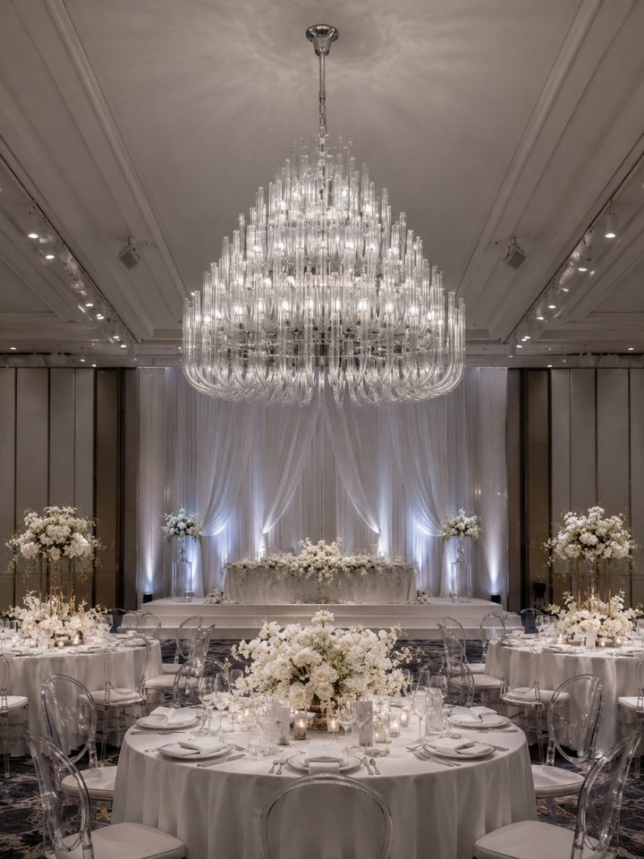 Hand-blown glass tube chandelier as a centrepiece in a luxury hotel ballroom with white wedding reception table setting and floral arrangements, Verona Symphony Chandelier by Lucretia