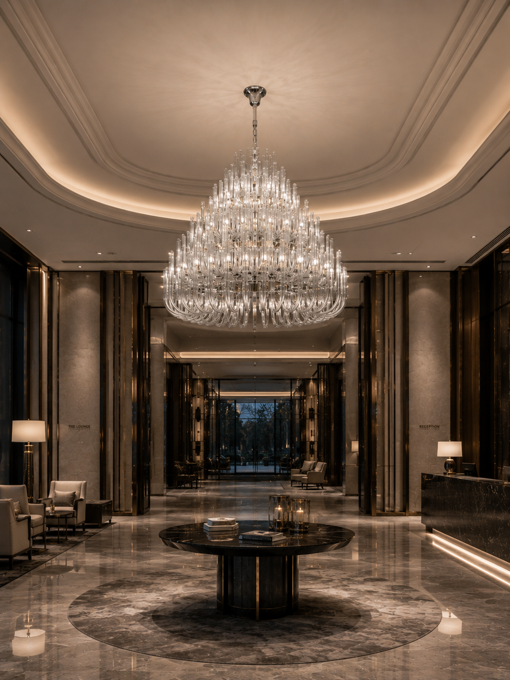 Hand-blown glass tube chandelier in a luxury hotel lobby with circular ceiling detail, dark marble flooring and central round table, Verona Symphony Chandelier by Lucretia