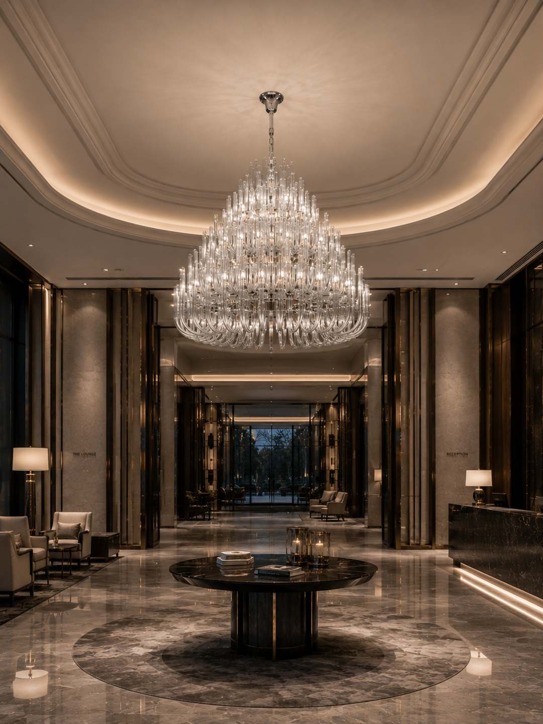 Hand-blown glass tube chandelier in a luxury hotel lobby with circular ceiling detail, dark marble flooring and central round table, Verona Symphony Chandelier by Lucretia