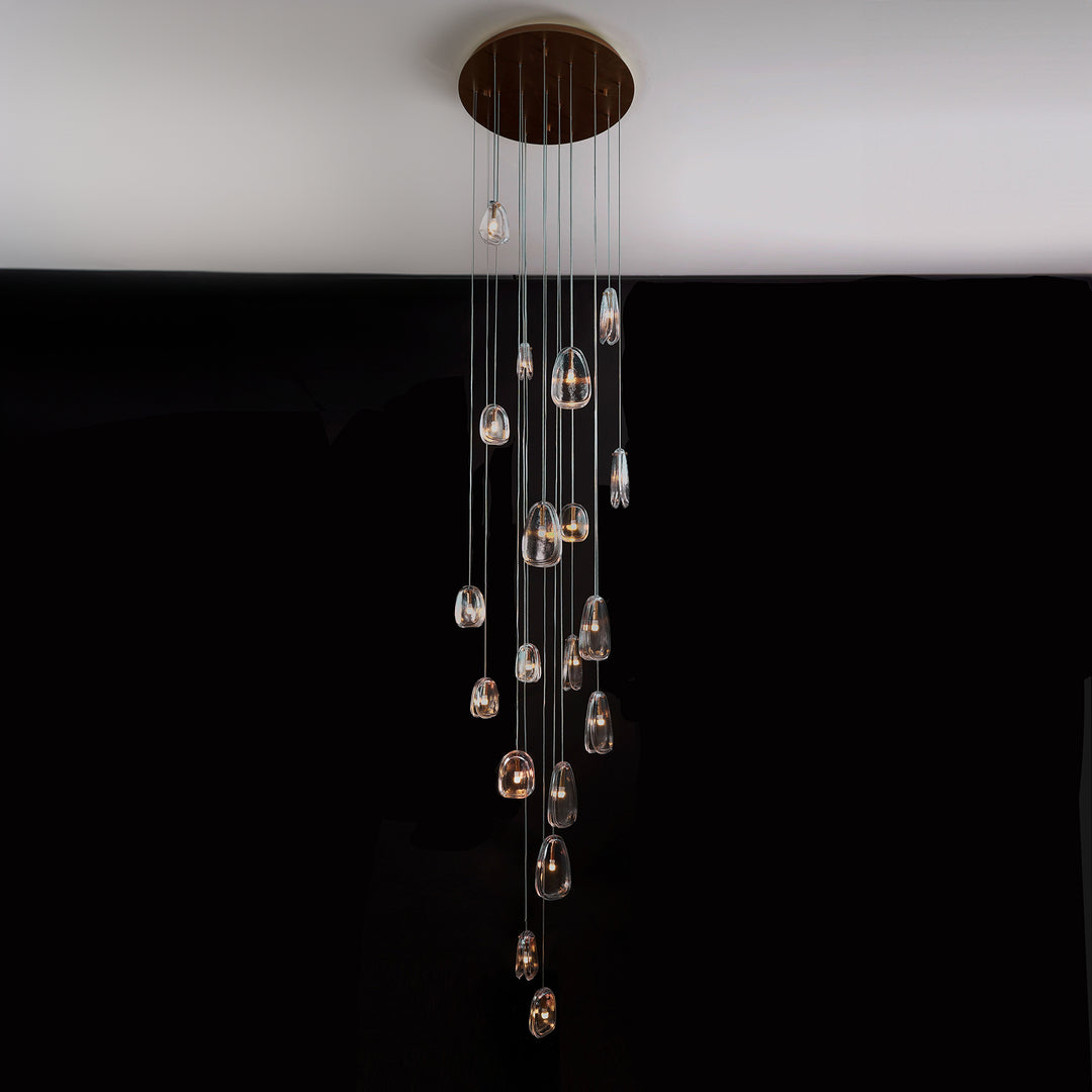 Hand-blown glass stair void chandelier with cascading pendants