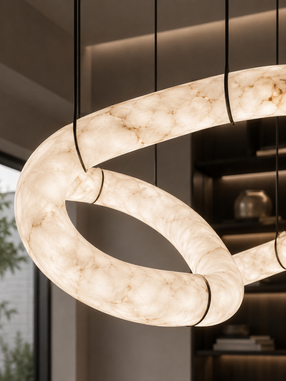 Close-up of the Nexus Spanish Alabaster Organic Pendant Light showcasing genuine Spanish alabaster, natural veining and sculptural craftsmanship.