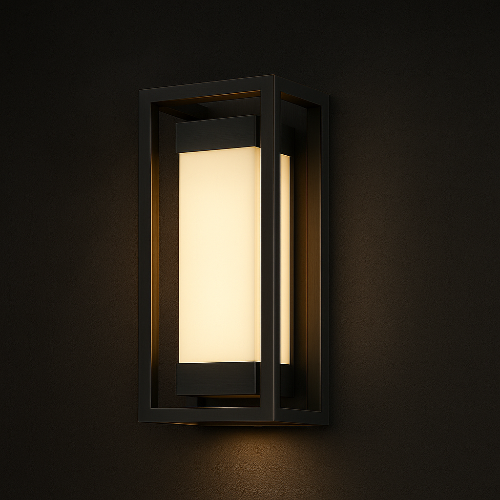 Haven brass outdoor wall light with an open-frame geometric design and a warm faux alabaster diffuser in a matte black brass finish.