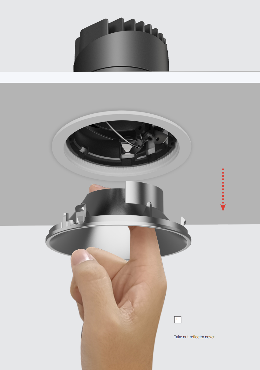 Adjustable recessed LED downlight showing service-friendly installation and maintenance without removing the ceiling housing