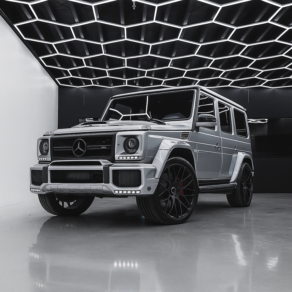 hexagon LED car showroom lighting system with core hex grid ceiling