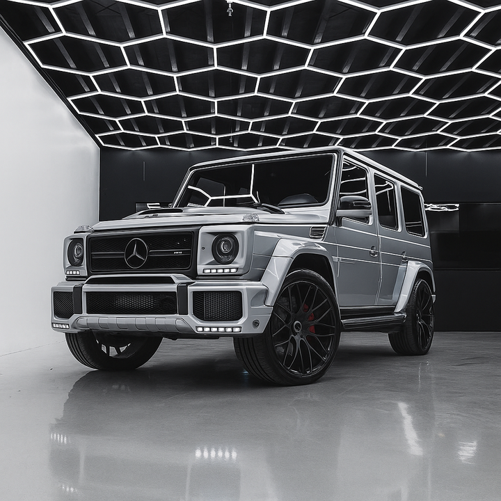 hexagon LED car showroom lighting system with core hex grid ceiling