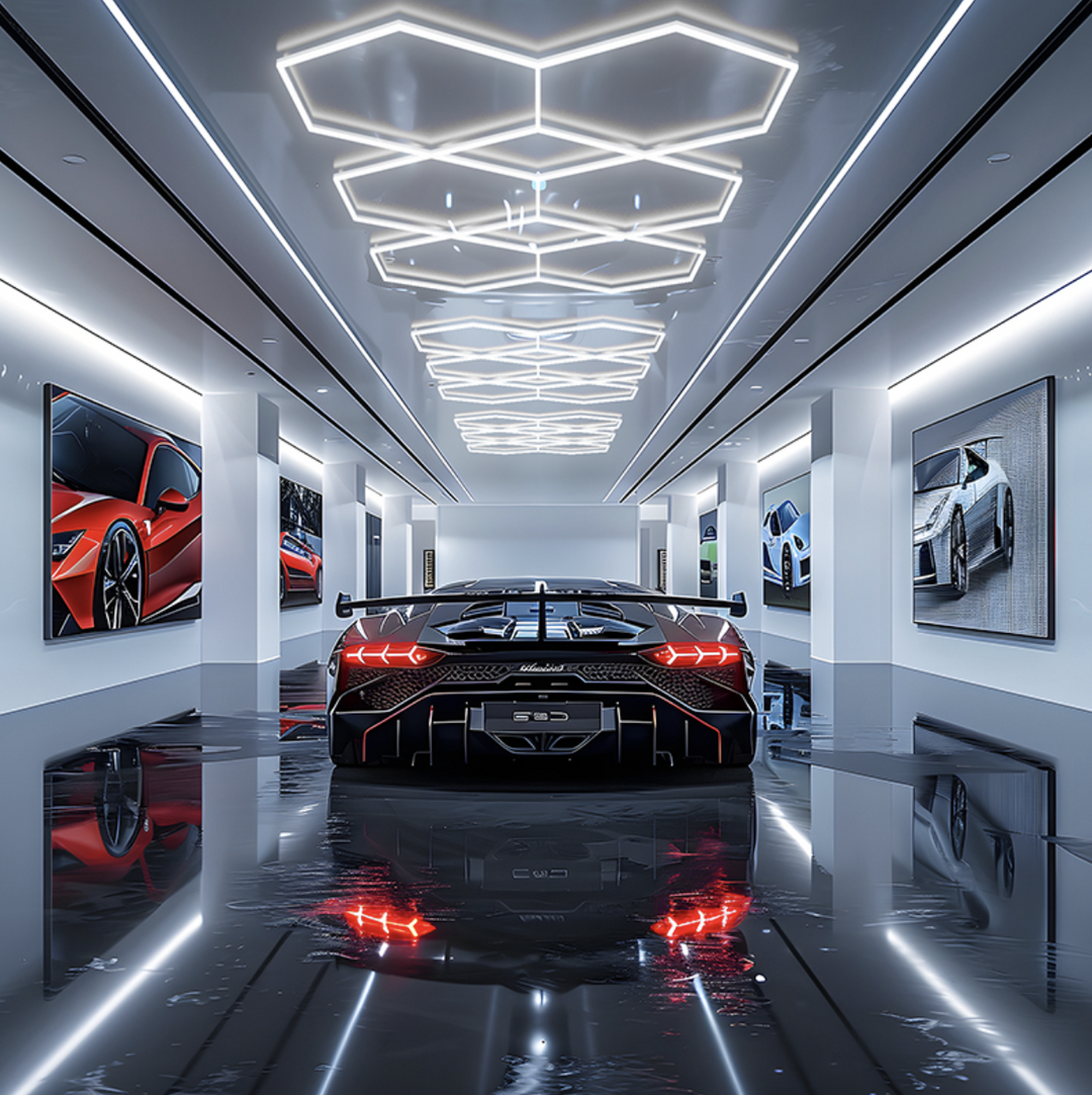 Hexagon LED ceiling light with polygon grid layout installed in a luxury car showroom