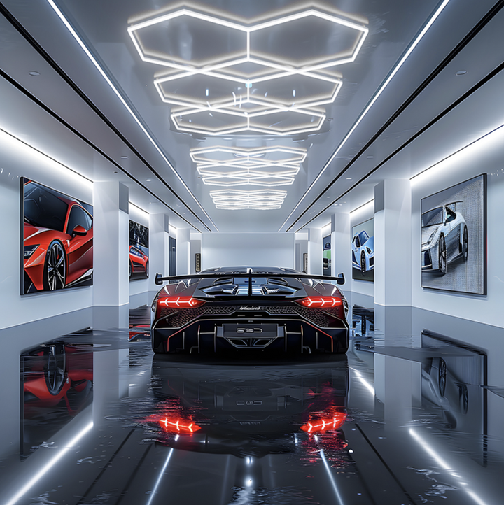 Hexagon LED ceiling light with polygon grid layout installed in a luxury car showroom
