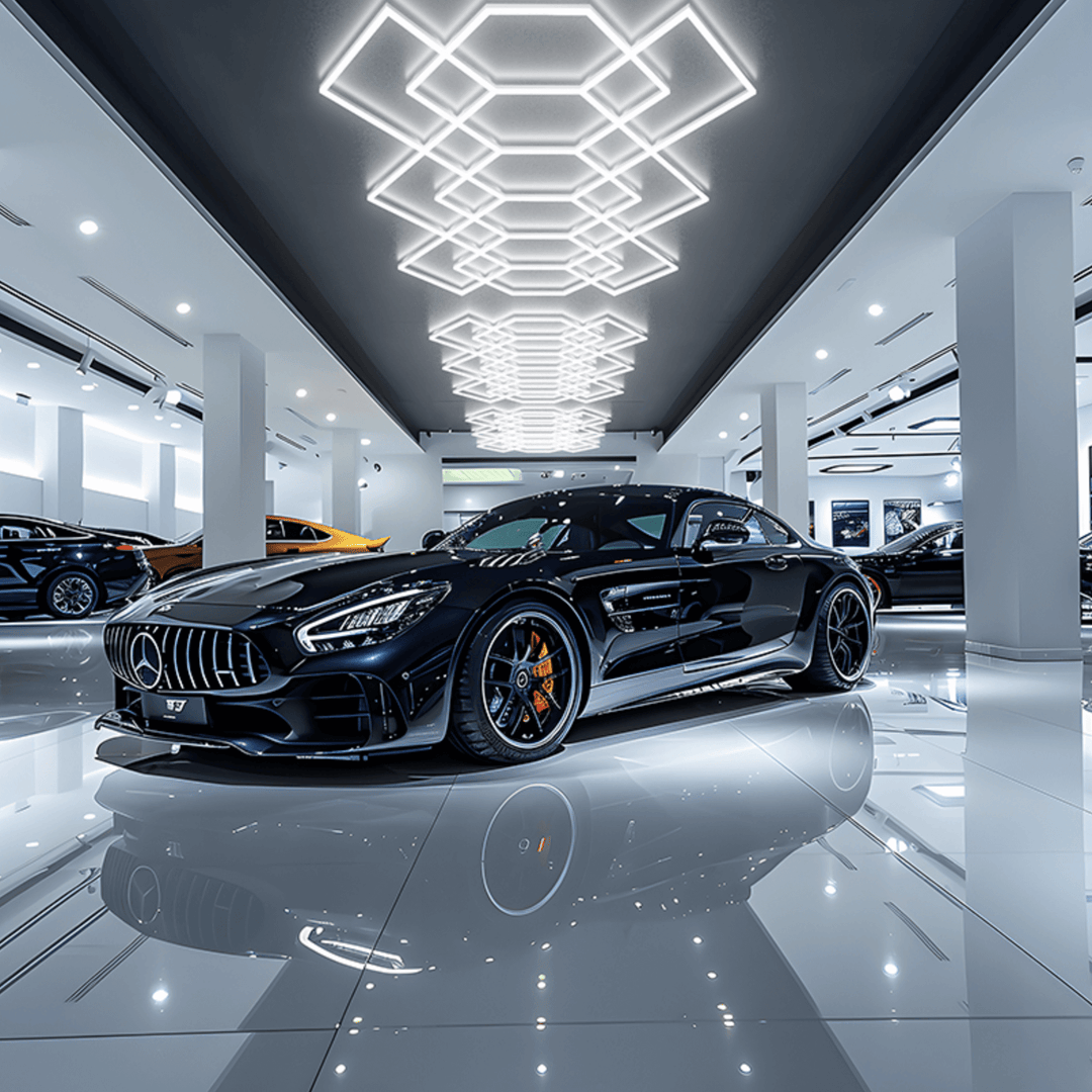hexagon LED ceiling lighting system with cascading layout in car showroom