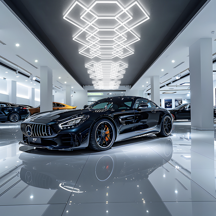 hexagon LED ceiling lighting system with cascading layout in car showroom