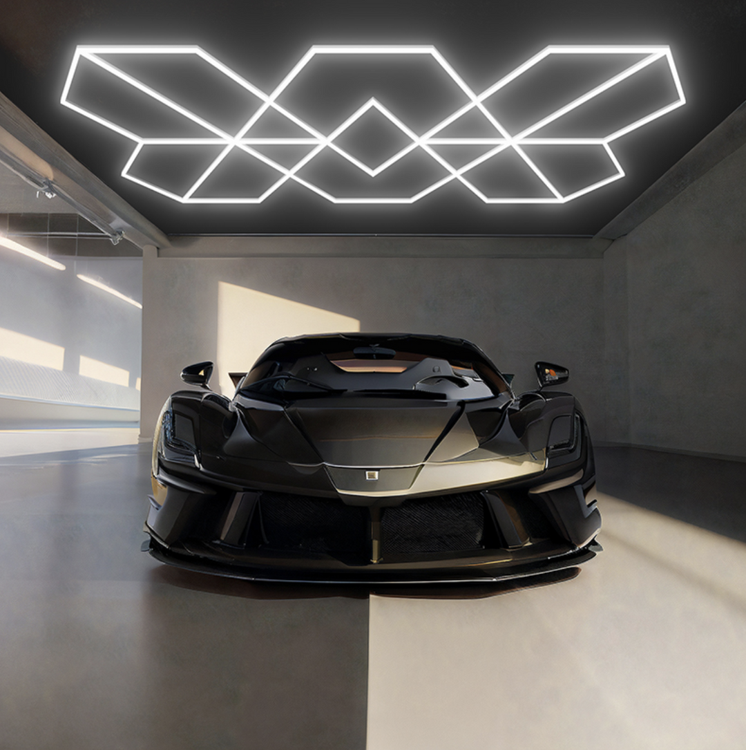 Hexagon LED garage ceiling light with flowing geometric design