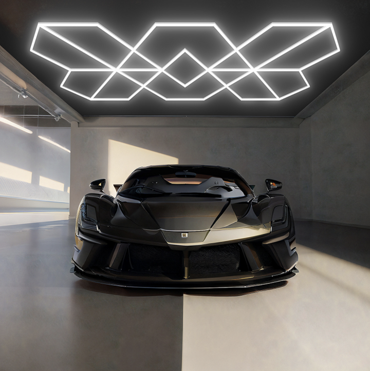 Hexagon LED garage ceiling light with flowing geometric design