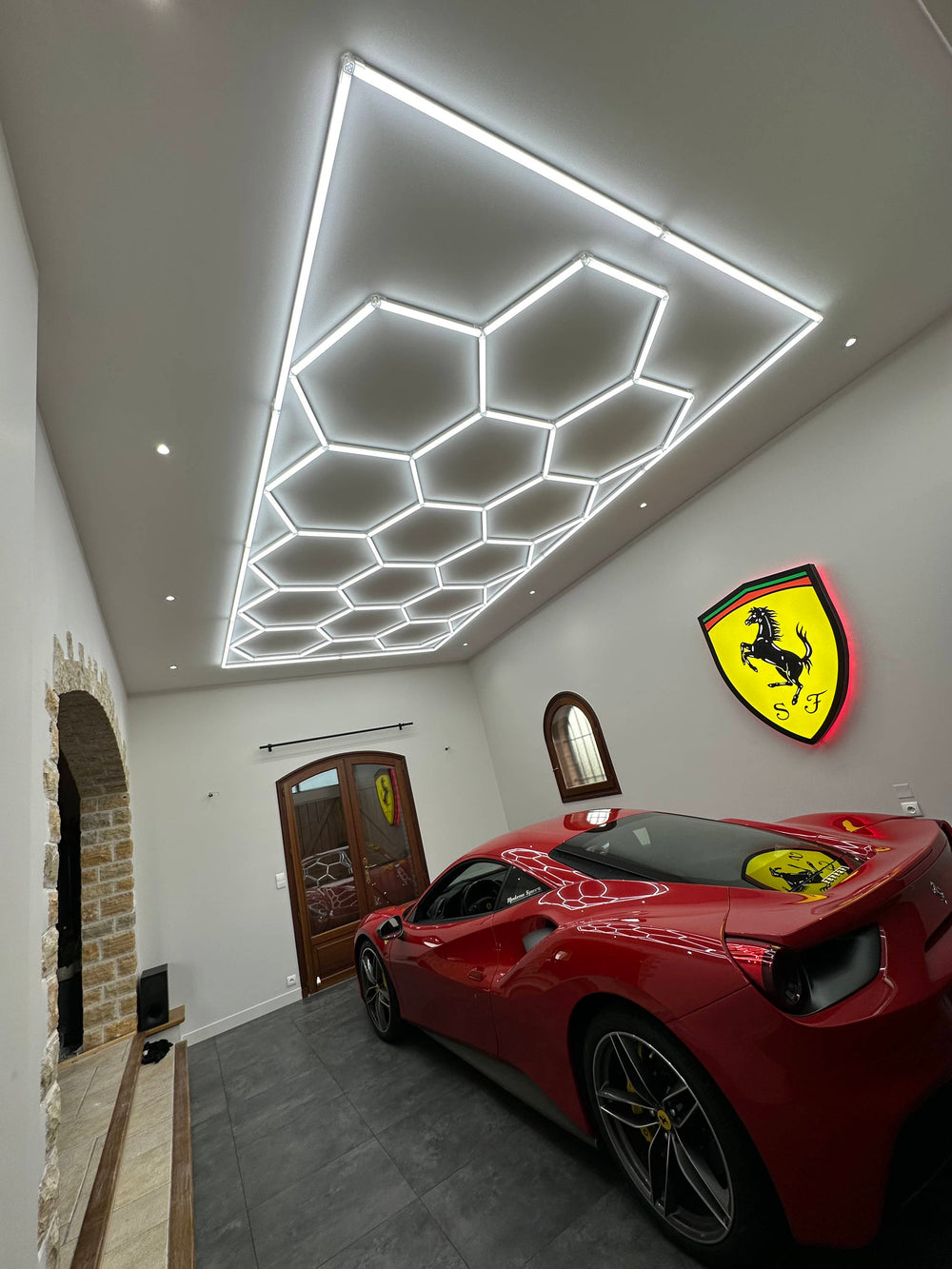 core formation hexagon LED lighting system installed in modern garage