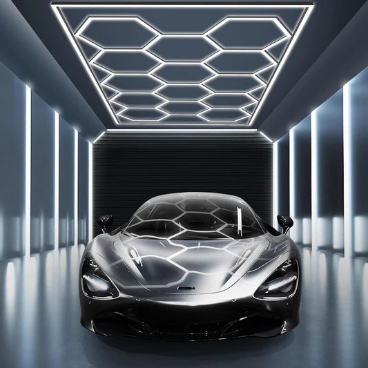 hexagon LED garage lighting system with core hex grid ceiling layout
