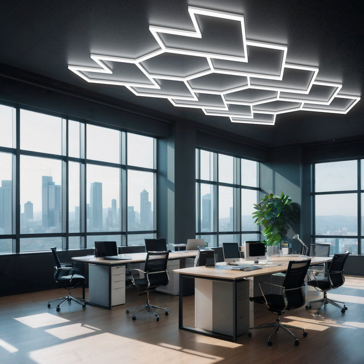 hexagon LED office lighting system with modular hex grid ceiling lights