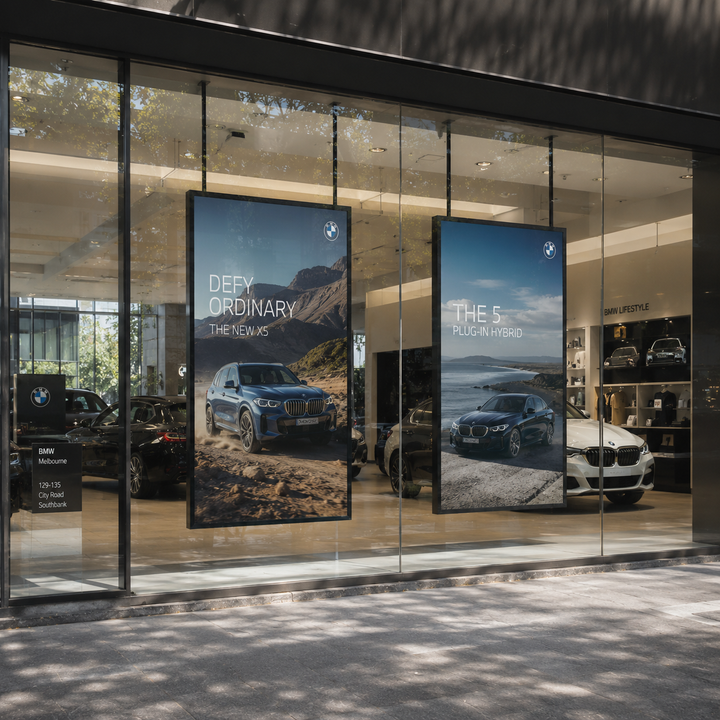 High Brightness LCD Window Display used in an automotive showroom window for vehicle advertising