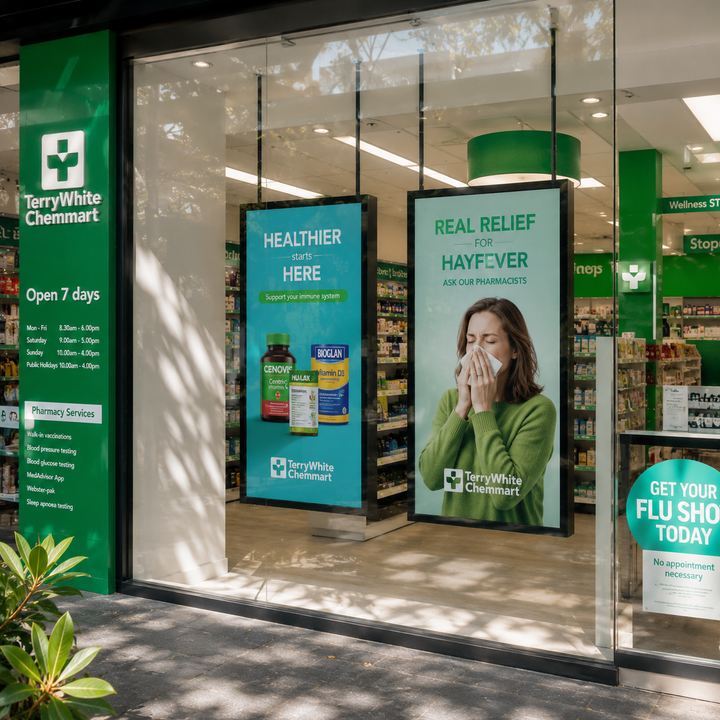 High Brightness LCD Window Display installed in a pharmacy storefront promoting healthcare products
