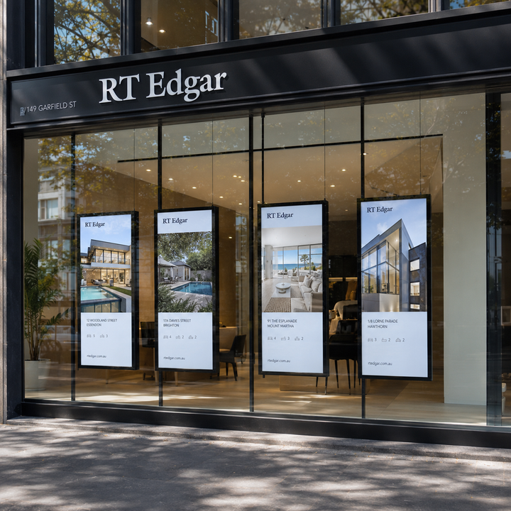 High Brightness LCD Window Display used for property marketing in an Australian real estate agency window