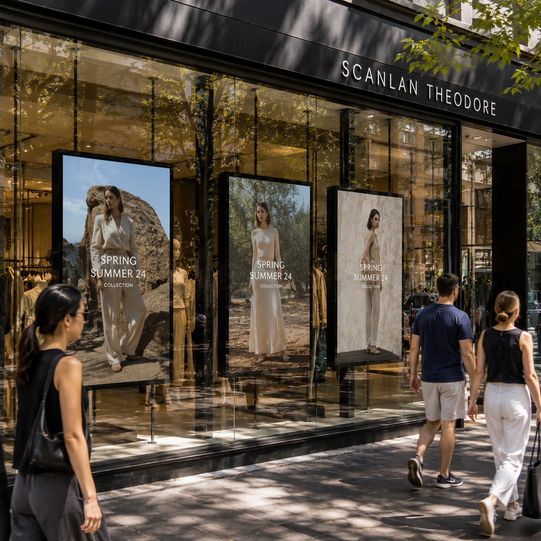 High Brightness LCD Window Display installed in an Australian fashion retail store shopfront for digital advertising