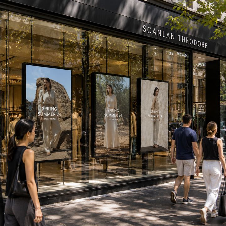 High Brightness LCD Window Display installed in an Australian fashion retail store shopfront for digital advertising